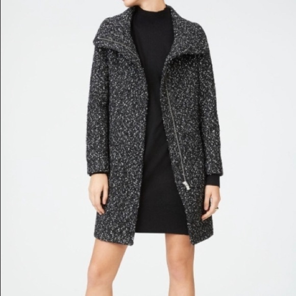 Club Monaco. Tweed Funnel Neck Wool blend coat. Black and white. - Picture 2 of 15